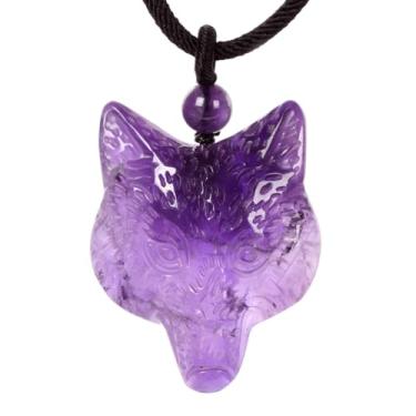 Imagem de Justinstones Colar com pingente de amuleto animal Chakra Reiki com cabeça de lobo esculpida em pedra preciosa natural, 55 cm, Pedra, Ametista