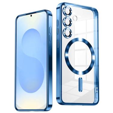 Imagem de TOBOVON Capa para Samsung Galaxy S25, compatível com MagSafe, protetor de lente de câmera integrado, proteção contra quedas de nível militar, capa de telefone TPU galvanizada macia e fina, azul safira