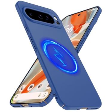Imagem de GRECAZO Capa fina magnética adequada para Google Pixel 9 Pro XL (2024) [compatível com Magsafe] Capa rígida ultrafina leve durável minimalista fosca à prova de choque antiderrapante anel azul