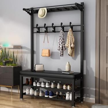 Imagem de Cabideiro, árvore de corredor com banco de sapatos para entrada, com banco de armazenamento de sapatos 3 em 1 sapateira de diferentes alturas, banco de entrada com cabide, móveis de madeira com