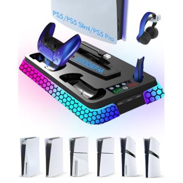 Imagem de UGAME PS5/Pro/Slim Cooling Station with RGB Lights, PS5 Stand Accessories with Silent 3-Level Cooling Fans, Dual Controller Charger and USB Hubs