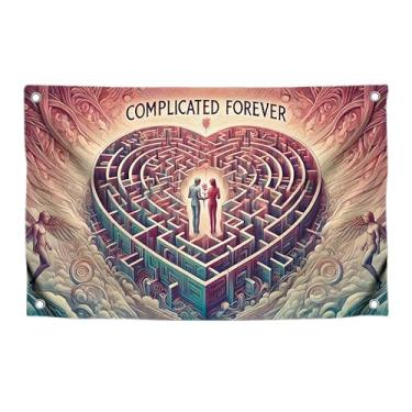 Imagem de Bandeiras de relacionamento de 9,5 x 1,5 m com citações com quatro argolas de latão - Banner com imagem labirinto em forma de coração e citação complicada para sempre - Faixa de amor de poliéster para