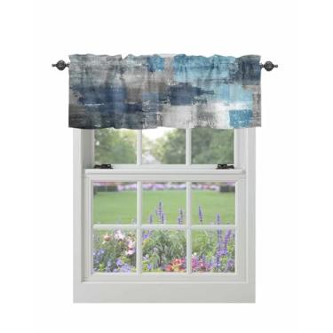 Imagem de Cortina para janelas azul-petróleo cinza bloco haste bolso sanefa tratamentos arte abstrata cortinas curtas para cozinha janelas sala de estar quarto decoração 106,66 x 30,5 cm