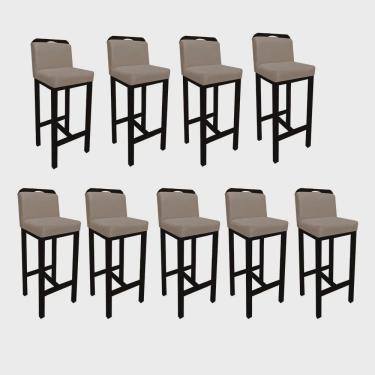 Imagem de Kit 09 Banqueta Alta Com Encosto Zion Cozinha Balcão Bistrô Base Madeira Preto Tecido Sintético Bege - Ahz Móveis
