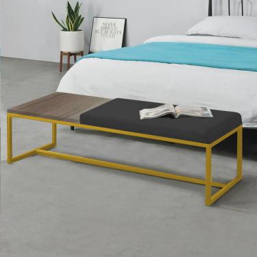 Imagem de Calçadeira Recamier Londres 160cm Industrial Dourado Suede Preto Tampo Quadrado mdf Nogal - Ahz Móveis