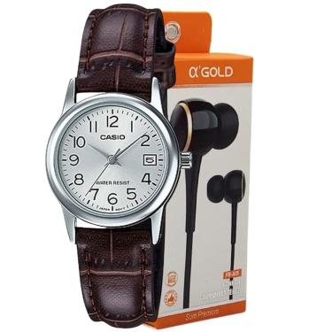 Imagem de Kit Relógio de Pulso Casio Feminino Analógico Analógico Casual Social Pulseira Couro Presente Luxo Resistente Água Prata LTP-V002L-7B2UDF + Fone de Ou