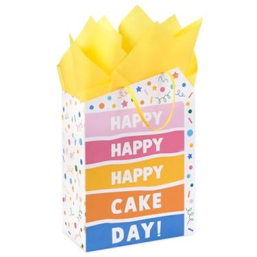 Imagem de Hallmark Bolsa de presente de aniversário média de 23 cm com papel de seda (Happy Cake Day, confetes coloridos) para crianças, colegas de trabalho e amigos