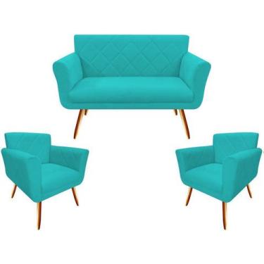 Imagem de Kit Namoradeira + 2 Poltronas Decorativa Sabrina Suede Azul Turquesa P