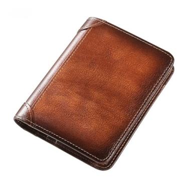 Imagem de Carteira Antifurto Masculina De Couro Legítimo Vintage De Trifold E Bifold À Escolha (Castanho, Trifold)