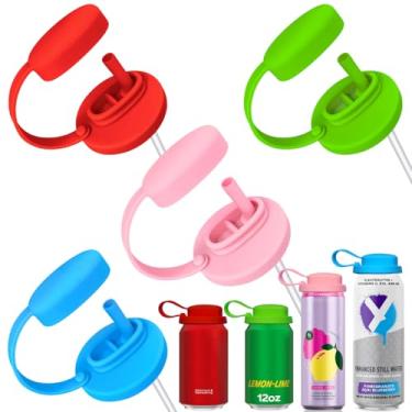 Imagem de 4 peças de tampas de lata de refrigerante de silicone com palha, tampas de lata pop com alça, capas reutilizáveis para bebidas de tamanho padrão, suco, coca, refrigerante, cerveja e seltzer, evita