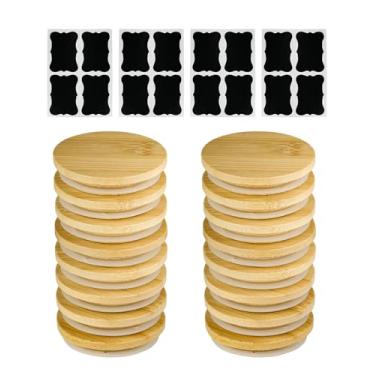 Imagem de TERESRY Pacote com 16 tampas de pote de iogurte Oui com 16 etiquetas, tampas de bambu de grau alimentício para potes de iogurte Oui de 142 g, tampas de conservas de madeira reutilizáveis perfeitas