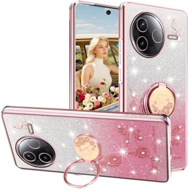 Imagem de Ephoou Capa para Xiaomi Poco F7 Pro/Redmi K80 com suporte de anel, flores brilhantes brilhantes com design floral de glitter TPU transparente macio para Xiaomi Poco F7 Pro HSF-Rosa