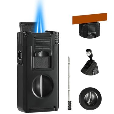 Imagem de Isqueiro de tocha, tudo em um isqueiro de butano com corte em V, perfurador, função de suporte, realçador de puxar, recarregável e ajustável à prova de vento, isqueiro a gás (vendido sem gás) (preto)
