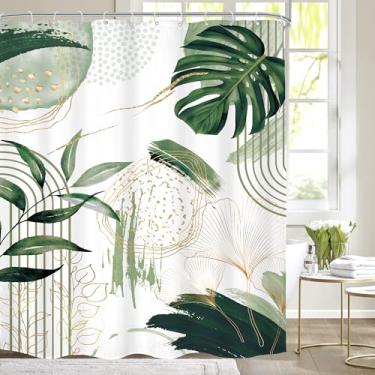Imagem de Mitpok Cortina de chuveiro verde Boho 72Lx96H extralonga verde sálvia moderna metade do século abstrato folhas de palmeira tropical planta boêmia decoração de banheiro minimalista cortina de banho