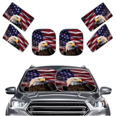 Imagem de GOSTONG Conjunto de 6 peças de para-sol para para-brisa + janelas laterais águia careca design bandeira americana sombra solar bloqueador UV acessórios de carro para decorações de 4 de julho