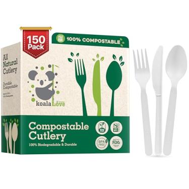 Imagem de KoalaLove Facas de talheres 100% compostáveis, garfos, colheres, 150 utensílios descartáveis grandes, duráveis, resistentes, resistentes ao calor, alternativa ao plástico com bandeja conveniente, 150