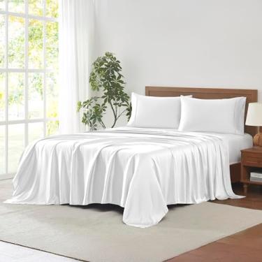 Imagem de Modern Threads Conjunto de lençóis 100% Tencel Lyocell de 4 peças, roupa de cama luxuosa de 400 fios, branco, casal