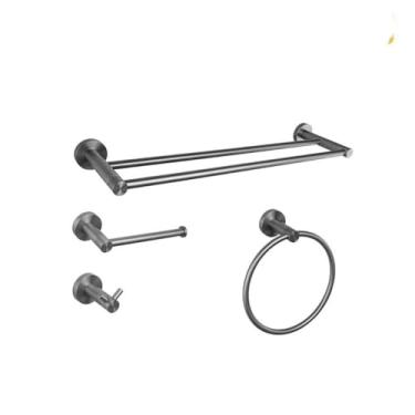 Imagem de Conjunto de acessórios para banheiro cinza, kit de acessórios, suporte de parede redondo de aço inoxidável, barra de mão, suporte para rolo de papel higiênico, gancho para toalha, conjunto de 4 peças