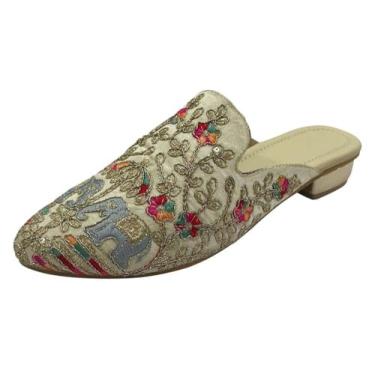 Imagem de Mules femininas étnicas abertas – Juttis indiano sem cadarço feito à mão | Sapatilhas Boho bordadas | Sapatos tradicionais confortáveis sem costas nuas para casamento, escritório e uso diário