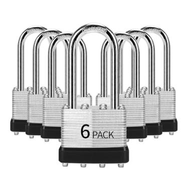 Imagem de HZSY Cadeados com chave igual, pacote com 6, cadeado com chave de aço laminado (1-9/16 polegadas, 40 mm), cadeados com a mesma chave, manilha longa, para caixa de ferramentas, armário e unidade de