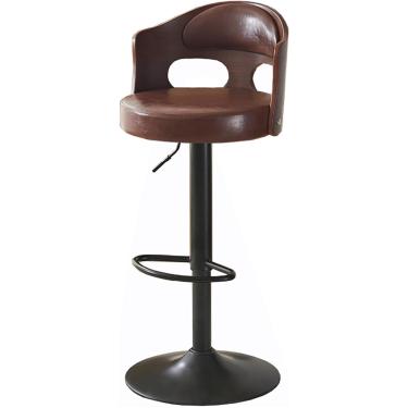 Imagem de Bancos De Bar De Metal De Design Artístico, Encosto De Madeira Maciça Envolvida, Banco Giratório De Assento De Couro, Bancos De Ilha De Cozinha Elevatórios Para Sala De, Brown, PU 1pcs