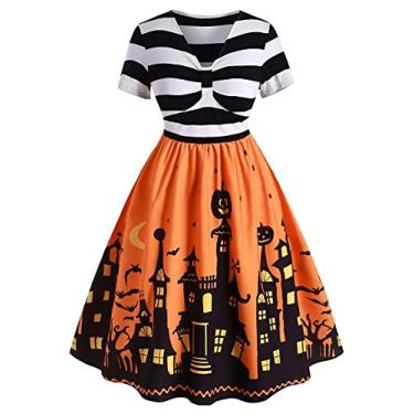 Imagem de ZEZCLO Vestido feminino plus size engraçado listrado abóbora Halloween fantasia vestido rodado laranja 5GG