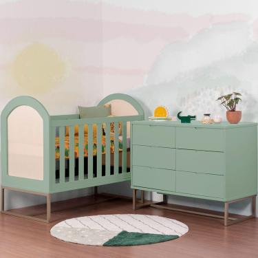 Imagem de Kit Quarto Infantil Botânico – Cômoda A+A 6 Gavetas Pé Industrial + Berço Arco Pé Industrial