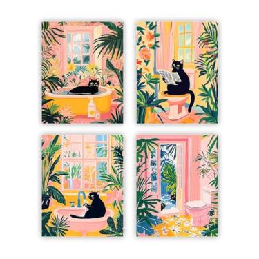 Imagem de heilkee Decoração de banheiro de gato preto arte de parede de praia imagens engraçadas de banheiro impressões de parede tropicais rosa Henri Matisse Conjunto de 4 (SEM MOLDURA 20 x 25 cm)