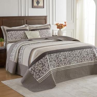 Imagem de SahSahCasa Colcha King extragrande 100% algodão 325 x 304,8 cm - Conjunto de cama leve com edredom acolchoado California King, extragrande, Cal King, GG, listrado, cinza-acastanhado claro