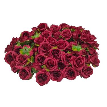 Imagem de ATFL Cabeças de flores artificiais de rosas vermelhas, 80 peças de rosas de seda a granel, flor falsa, sem caule, para flores de rosas sem haste artificial para buquê de artesanato DIY (80, vermelho)
