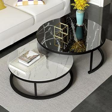 Imagem de Mesa De Centro Redonda Moderna Mesa De Aninhamento Vidro Temperado E Metal Mesa Lateral Conjunto De 2 Mesas De Centro Mesa De Estar, Black Frame, Ø28in+Ø20in