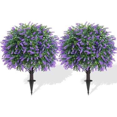 Imagem de CAZZOVA Bola de topiária de lavanda artificial – Árvore para atividades ao ar livre com ferramentas de jardim – Pacote com 2 arbustos e arbustos falsos de buxo ao ar livre para plantadores com ponta