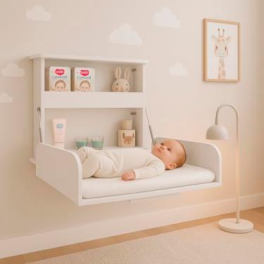 Imagem de Trocador de Parede Dobrável com Almofada Prateleiras Ideal para Quarto de Bebê Moderno e Pequeno Espaço Compacto Seguro