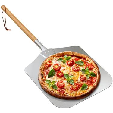Imagem de only fire Casca de pizza de metal com cabo de madeira para forno de grelha interno e externo, 30,5 x 35,5 cm, espátula para assar tortas de pão, 71 cm de comprimento