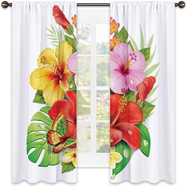 Imagem de Cortina blackout havaiana, buquê de flores de hibisco coloridas com pétalas de plumeria florescendo de borboleta, decorações de janela de festa de cerimônia de casamento, L250 x C 213 cm rosa amarelo