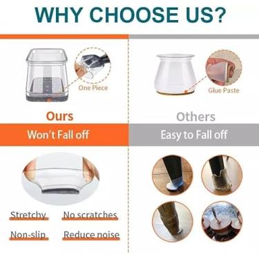 Imagem de Protetores de Piso para Pernas de Móveis Quadradas, Silicone com Feltro, 24 Peças, Tamanhos M/L/XL (L)