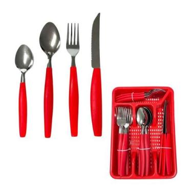 Imagem de Faqueiro Vermelho 24 Peças Porta Talheres Faca Garfo Colher - Top Rio
