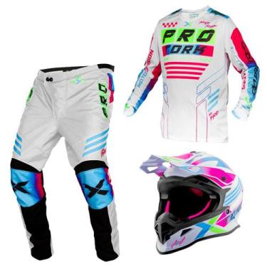 Imagem de Kit Motocross Fast Next Camisa Calça Capacete Brilhante Branco - Rosa 