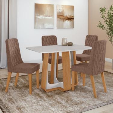 Imagem de Conjunto Sala de Jantar Mesa Easy Pop 120x80cm Tampo Vidro/MDF com 4 Cadeiras Seat Couro Morano Avelã Amendoa Clean/off White