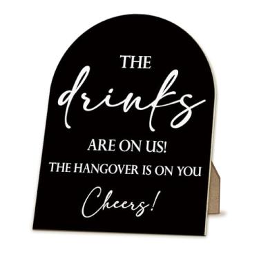 Imagem de ANIANG Decoração de mesa de casamento, placas de casamento para recepção, placa de arco de madeira, decorações de recepção de casamento, The Drinks are on Us Placa de madeira preta com suporte para