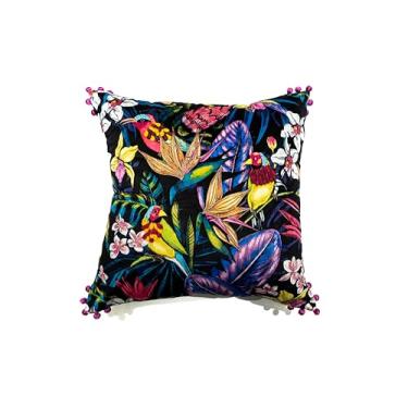 Imagem de Stitch Haven Birdsong Collection Capa de almofada quadrada de veludo 61 x 61 cm – preta com design de pássaros florais multicoloridos e pompons brilhantes