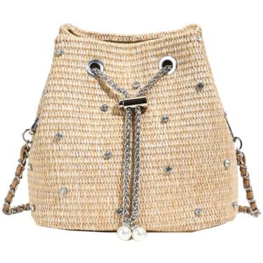 Imagem de JRNDNIUO Bolsa feminina de palha pérola para férias de verão bolsa transversal bolsa de praia com contas de strass, B Strass, Length: 7.87"/20cm, Width: 5.91"/15cm, Height: 6.69"/17cm, Bolsa feminina