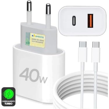 Imagem de Fonte Carregador Turbo 40W com Cabo Tipo Usb-C-Usb-C 1m Android Rápido 3.1A Bivolt Compatível Com Iphone 15 Samsung Motorola Xiaomi LG