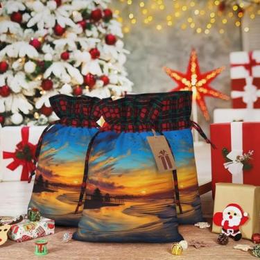 Imagem de Sacos de presente de Natal com cordão azul anoitecer dourado pôr do sol sacos de presente de Natal para presente de Natal com cordão, sacos de embrulho de Natal, sacos de linho de Natal com cordão