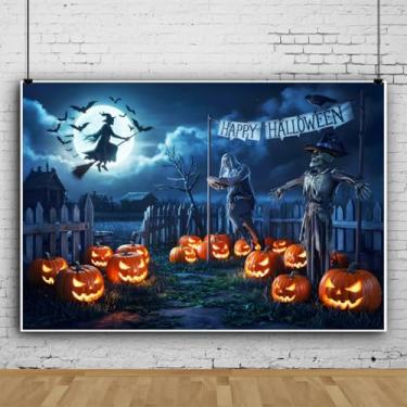 Imagem de Pano de fundo Happy Halloween 3,7 x 2,4 m, cerca assustadora, quintal, esqueleto, espantalho, cenário para fotografia de Halloween, véspera de relíquias, decorações de festa de bruxas, fundo de casa