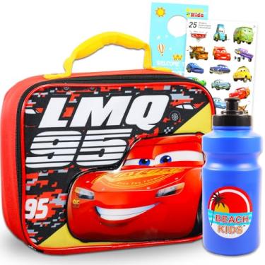 Imagem de Disney Conjunto de lancheira de carros para meninos – Pacote com lancheira Lightning McQueen, garrafa de água, adesivos, mais | Lancheira Disney Cars Relâmpago McQueen para escola infantil