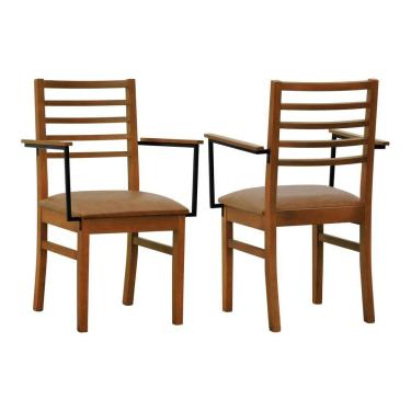 Imagem de Kit 2 Cadeiras Tiê Madeira Maciça Encosto Ripado C-braço Metal - Amêndoa Assento Estofado Corano Marrom Mescla