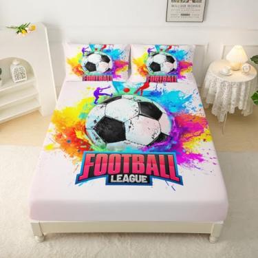 Imagem de QOOMO Jogo de lençol solteiro com estampa de futebol de grafite, 4 peças, jogo de bola esportivo, com bolso alto, 1 lençol com elástico, 1 lençol de cima e 2 fronhas para meninos e meninas