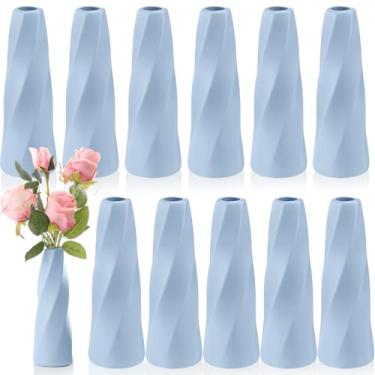 Imagem de Ninehaoou Pacote com 12 vasos de flores de plástico composto, granel, cinza, azul, pequeno, alto, cônico, para centros de mesa, prateleira inquebrável, decoração de casa para festa de casamento