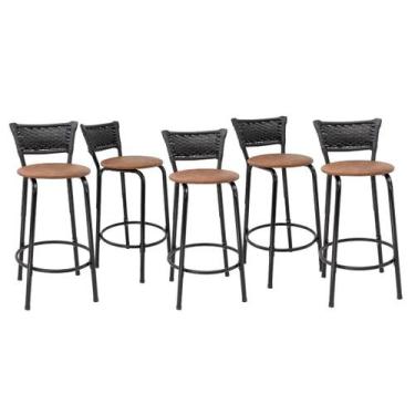 Imagem de Kit 5 Banquetas Para Bancada 60cm Preta Junco Preto Balcão Ilha Bistrô